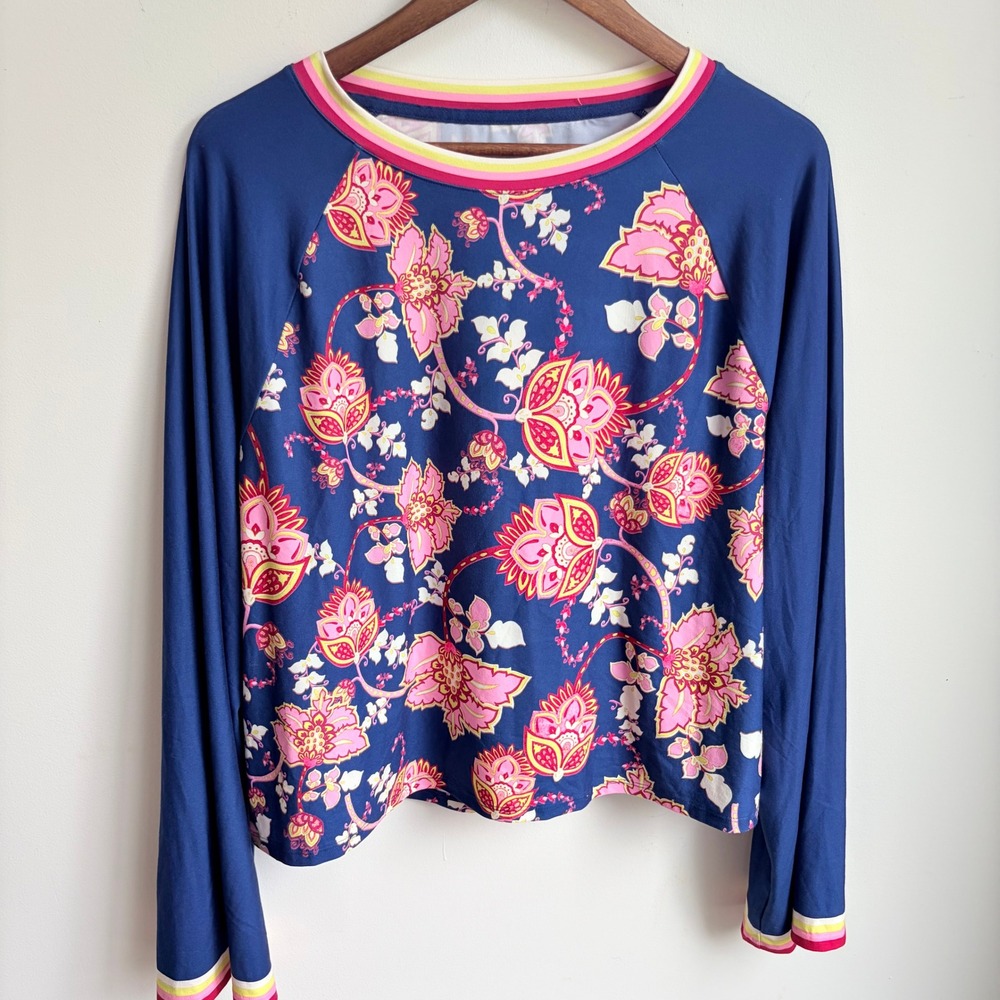 Johnny Was Bee Active Top XL Boho Floral Blue Pink Kimono Sleeve Swing Shirt - Picture 2 of 10